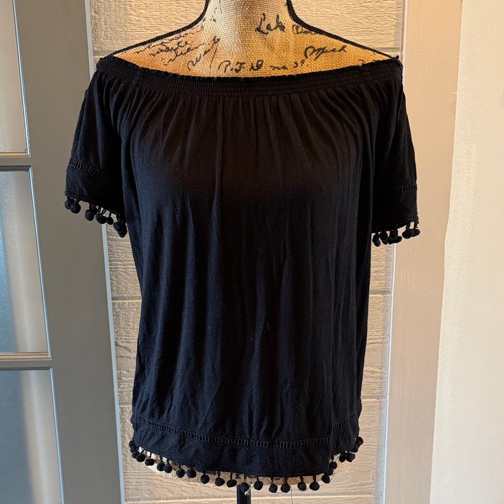 Rafaella Black Off-Shoulder Pom-Pom Blouse size S